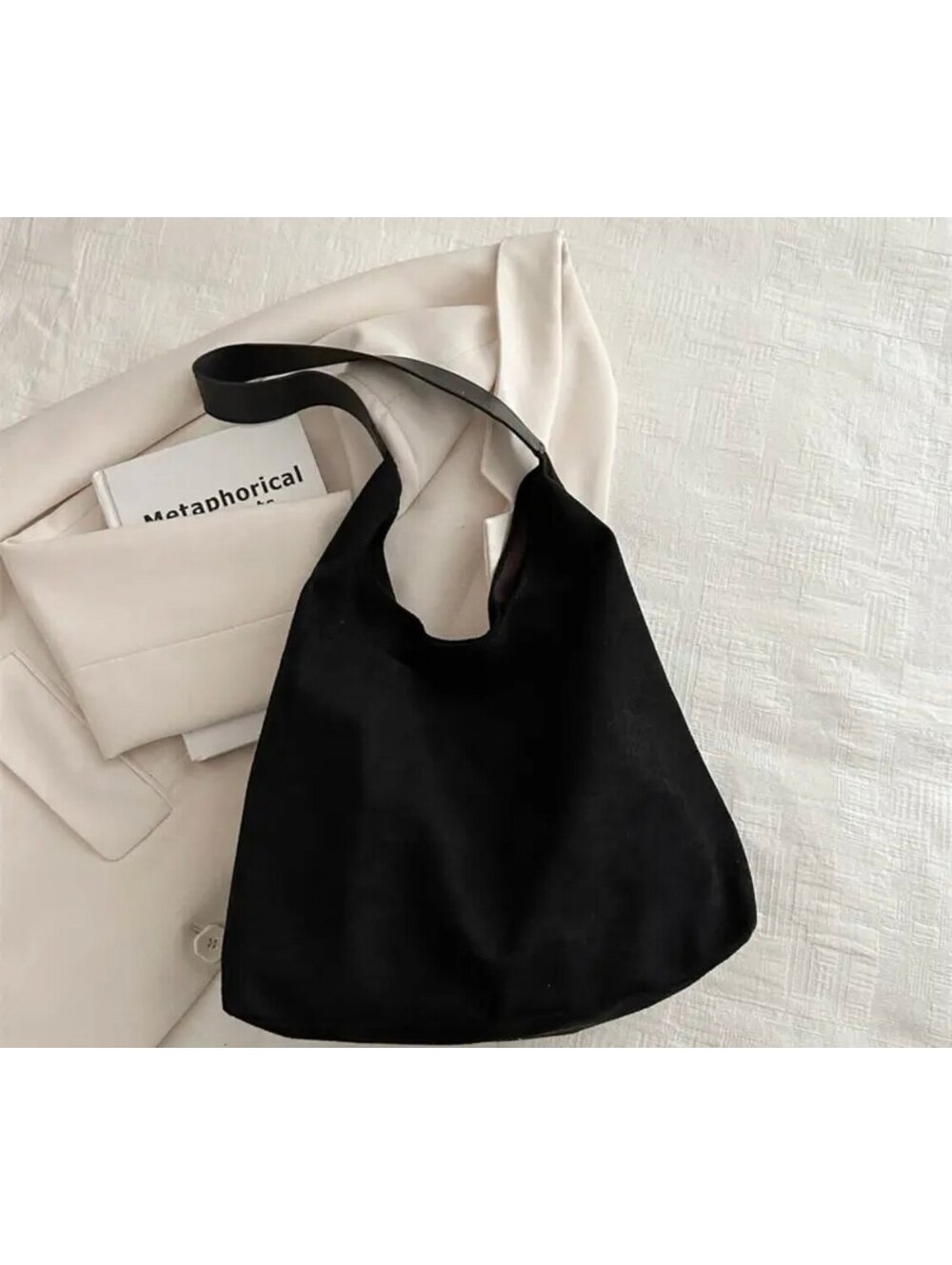 New - Chic Retro-Inspired Suede Tote Bag - Black